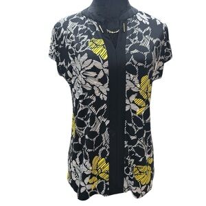 Stitch B Collection Floral Blouse Gold Chain V-Neck Black Yellow Size L